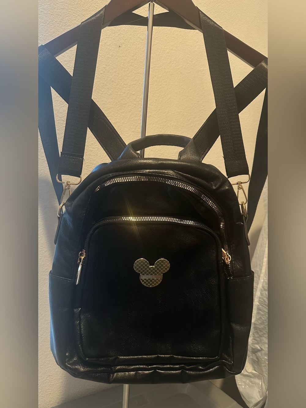 Black Leatherette Mini Backpack with Gold Accent